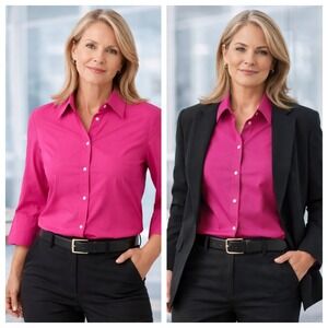 Talbots Wrinkle Resistant Button Up Top Size 14 Pink 3/4 Sleeve Cotton Stretch